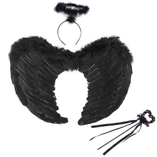 2 Stück Engelsflügel Schwarz,45CM Engel Kostüm Damen mit Heiligenschein und Zauberstab,Engel Flügel,Kostüm Engel,Schwarz Flügel Mädchen,Engelsflügel Deko,Federflügel Engel,Engels Flügel Kostü von ZeiLaBang Kakadi