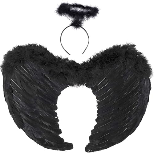 2 Stück Engelsflügel Schwarz,60CM Engel Kostüm Damen mit Heiligenschein und Zauberstab,Engel Flügel,Kostüm Engel,Schwarz Flügel Mädchen,Engelsflügel Deko,Federflügel Engel,Engels Flügel Kostü von ZeiLaBang Kakadi