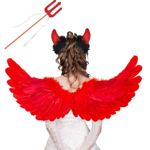 2 Stück Halloween Flügel Rot,60CM Teufels Flügel Helloween,rot Engel Kostüm Damen,Engelsflügel Rot,Weiße Flügel Engel Erwachsene,Engel Set Kostüm,Dunkler Engel Kostüm,Rot Engel Kostüm Mädchen von ZeiLaBang Kakadi