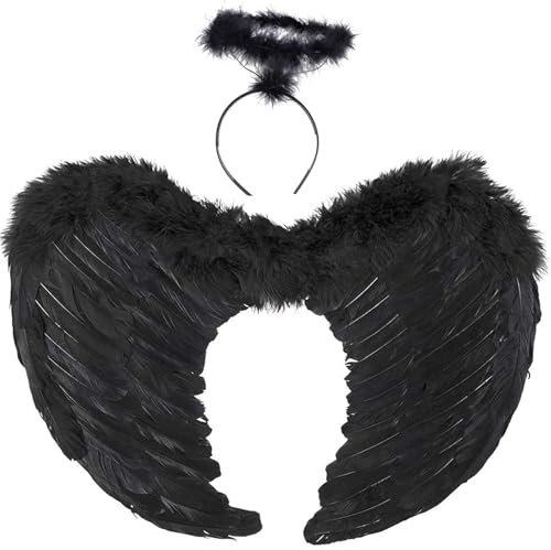 2 Stück Engelsflügel Schwarz,45CM Engel Kostüm Damen mit Heiligenschein und Zauberstab,Engel Flügel,Kostüm Engel,Schwarz Flügel Mädchen,Engelsflügel Deko,Federflügel Engel,Engels Flügel Kostü von ZeiLaBang Kakadi