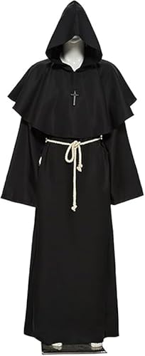 Halloween Mönch Robe Kostüm,Mönch Priester Gewand mit Kreuzanhänger und Gürtel,Herren Männer Mönchskutte,Priester Robe Kostüm,Herren Cosplay Mönchskostüm,Mittelalterliche Kapuze Renaissance Robe von ZeiLaBang Kakadi