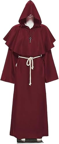 Halloween Mönch Robe Kostüm,Mönch Priester Gewand mit Kreuzanhänger und Gürtel,Herren Männer Mönchskutte,Priester Robe Kostüm,Herren Cosplay Mönchskostüm,Mittelalterliche Kapuze Renaissance Robe von ZeiLaBang Kakadi