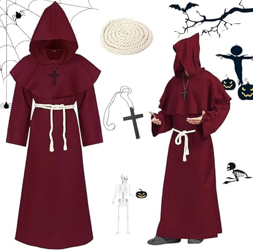 Mönch Robe,Priester Mönch Gewand Kostüm,Herren Kapuze Mönch Robe,Mönch Priester Gewand,Mönch Kostüm,Mittelalterliche Kapuze Renaissance Robe,Halloween Mönch Robe mit Kreuzanhänger und Gürtel von ZeiLaBang Kakadi