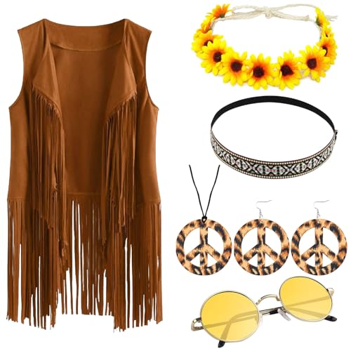 Hippie Kostüm Damen Set,Fransenweste Damen,Hippie Damen Kleid,60er Jahre Kostüm Damen,70er Jahre Bekleidung Damen,Hippie kleidung Damen,Faschingskostüm Hippie für Karneval Cosplay Party Dress Up von ZeiLaBang Kakadi