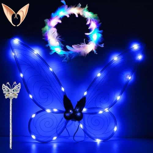 LED Feenflügel Leuchtende,Feenflügel Kinder,Schmetterlingsflügel mit Elfenöhren,LED Feder Stirnbänder und Schmetterling Feenstäbe,Fairy Wings,Flügel Fee,für Halloween,Karneval,Party,Fasching Kostüm von ZeiLaBang Kakadi