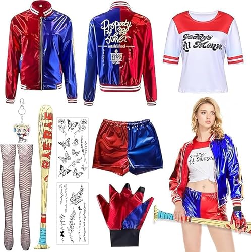 ZeiLaBang Kakadi Harley Quinn Kostüm Kinder,Harley Quinn Kostüm Damen,Mädchen Bösewicht Kostüm Kit enthalten Jacke T-Shirt,Shorts und Handschuh Ballon Stick,Strümpfe Bundlefor Karneval Cosplay von ZeiLaBang Kakadi