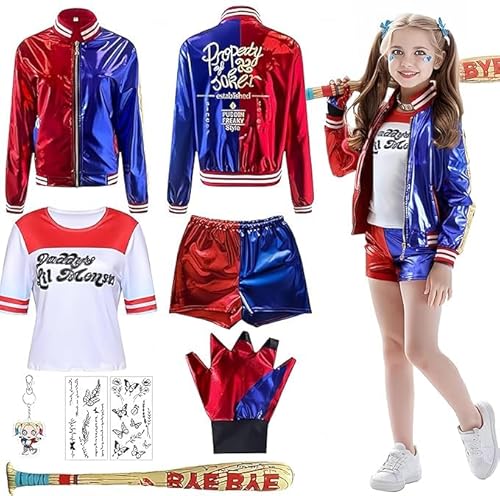 ZeiLaBang Kakadi Quinn Kostüm Damen,Quinn Kostüm Kinder,Mädchen Bösewicht Kostüm Kit Enthalten Jacke T-Shirt,Shorts,Handschuh und Ballon Stick,Quinn Kostüm Halloween Karneval Cosplay von ZeiLaBang Kakadi