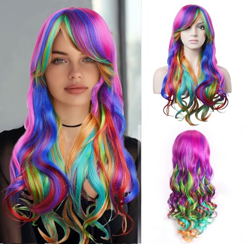 Regenbogen Perücke,Lange Gelockte Regenbogen Perücke,Perücke Bunt Lang Locken,Regenbogen Perücke Damen Locken,Perücke Bunte,Geeignet für Alltag Cosplay Karneval Halloween Party von ZeiLaBang Kakadi