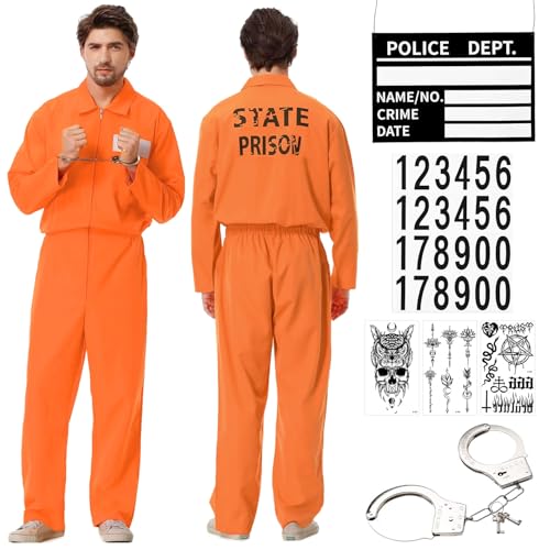 Sträfling Kostüm,Prisoner Overall Kostüm,Orange Prison Jumpsuit,Orange Prisoner Costume,Orange Gefangener Overall,Häftling Kostüm Orange,Gefangener Kostüm,Herren Damen Cosplay Mottoparty Karneval von ZeiLaBang Kakadi