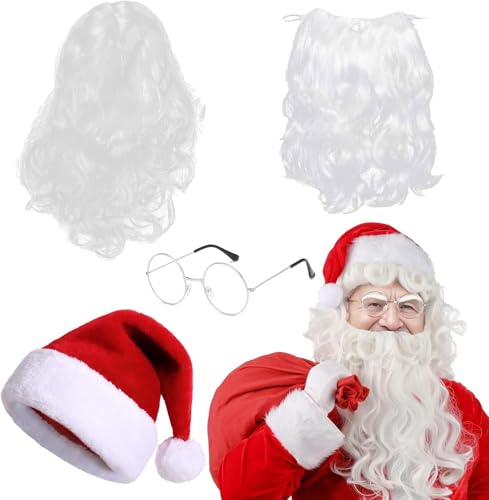 Weihnachtsmann Bart Und Perücke,Perücke + Bart + Mütze + Brille,Weihnachtsmann Kostüm Zubehör,Weihnachtsmann Kostüm Wig für Weihnachtsverkleiden Rollenspiele Weihnachtsfeier von ZeiLaBang Kakadi