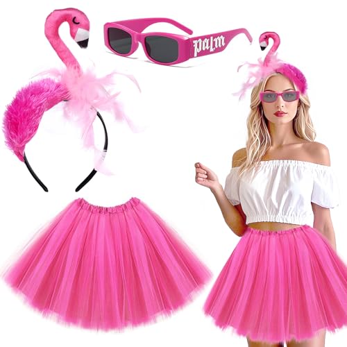 Flamingo Kostüm Damen,Karneval Flamingo kostüm damen Mädchen,Accessoire Flamingos Haarreif Brille Rosa Tuturock,Tropischer Haarreifen Kostüm für Hawaii Party Karneval Fasching Sommer Party ﻿ von ZeiLaBang Kakadi