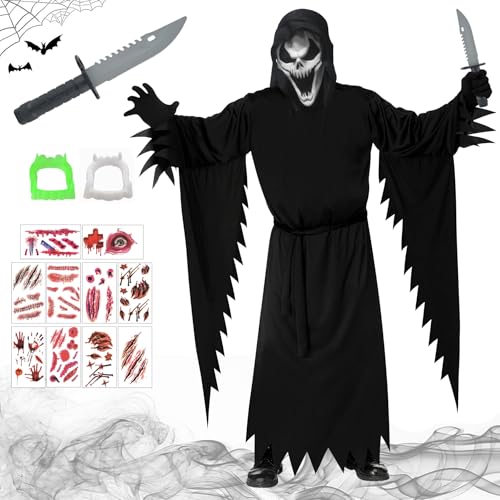 Halloween Scream Costume,Scream Ghost Face Kostüm,Halloween Horror Geister Kostüm,Halloween Kostüme,Geist Scream Mask,Gruseliges Ghost Kostüm mit falschem Messer,Gruseliges Geistergesicht Kostüm von ZeiLaBang Kakadi