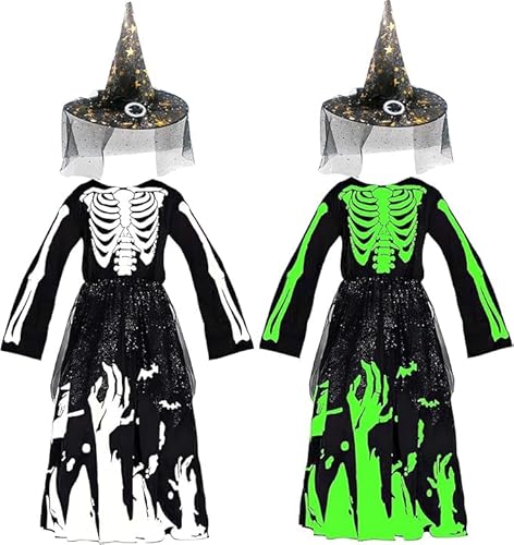 Hexenkostüm für Mädchen,Hexen Kostüm mit Hexenhut,Kostüm set Magische Hexe,Prinzessin Skelett Kostüm Kinder Mädchen,Mädchen Kinder Lange Hexenkleid,Halloween Kostüm Deluxe Set für Cosplay Party ﻿ von ZeiLaBang Kakadi