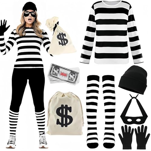 ZeiLaBang Kakadi Party Fashion - Kostüm Dieb,Kostümset für Räuber für Erwachsene,Karneval Kostüm,Sträfling Kostüm Damen,Taschen und Augenmaske,Banknoten,Hut,Socken für Karneval Halloween Kostüm von ZeiLaBang Kakadi