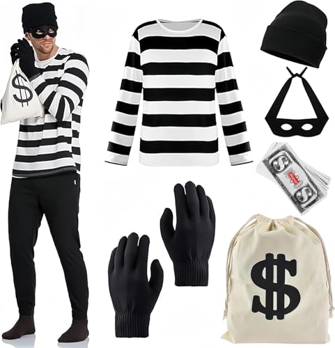 ZeiLaBang Kakadi Party Fashion - Kostüm Dieb,Kostümset für Räuber für Erwachsene,Karneval Kostüm,Sträfling Kostüm Herren,Taschen und Augenmaske,Banknoten,Hut,Socken für Karneval Halloween Kostüm von ZeiLaBang Kakadi