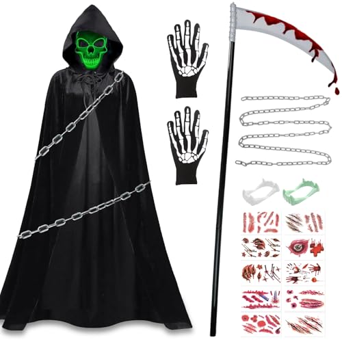 Halloween Sensenmann Kostüm Kinder,Leuchtende Maske Set,Halloween Kostüm Set,Sensenmann Halloween Kostüm,Grim Reaper Sensenmann,Sensemann Umhang Set,Grim Reaper Kostüm für Halloween Cosplay von ZeiLaBang Kakadi