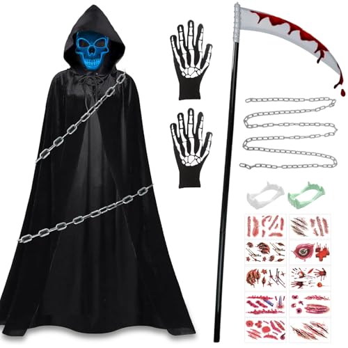 Halloween Sensenmann Kostüm Kinder,Leuchtende Maske Set,Halloween Kostüm Set,Sensenmann Halloween Kostüm,Grim Reaper Sensenmann,Sensemann Umhang Set,Grim Reaper Kostüm für Halloween Cosplay von ZeiLaBang Kakadi