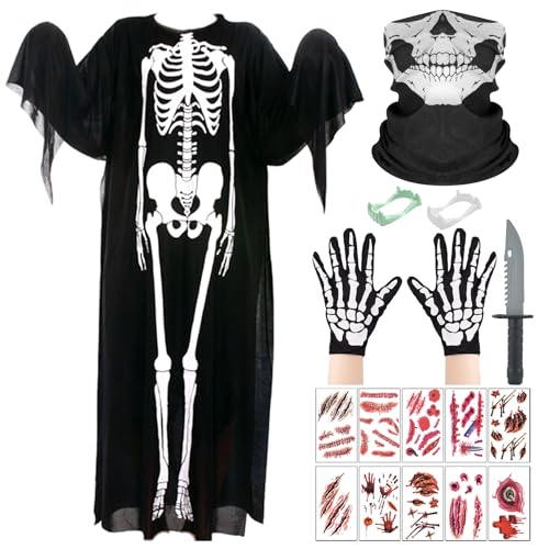 ZeiLaBang Kakadi Halloween Skelett Kostüm,Ghost Skeleton Kostüm Set,Kostüm Knochengerüst,Halloween Skelett Kostüm für Herren Damen,Halloween Karneval Horror Outfit,Halloween Cosplay Ghost Kleidung ﻿ von ZeiLaBang Kakadi