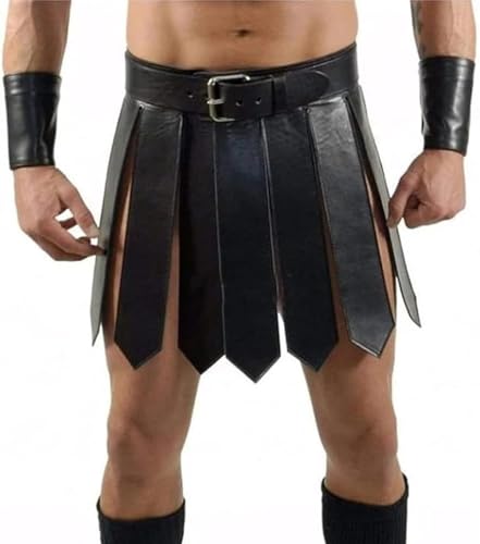 Zelbuck Herren Lederrock Gladiator Kostüm Herren Herren Mittelalterlich Gladiator PU-Lederrock Stil Rockgürtel Halloween Cosplay Party Kostüm (Black,L) von Zelbuck