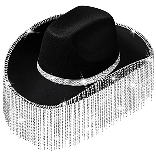 Zengshy Cowgirl-Hut für Erwachsene, Cowboyhut mit Strasssteinen, Fransen, Rave-Hüte, passend für die meisten Frauen für Mottoparty, Schwarz, Weiß, Rosa von Zengshy