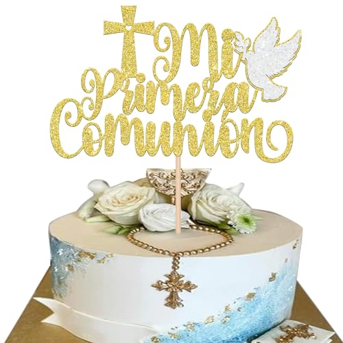 Kommunion Cake Topper in Gold mit Taube und Kreuz, Erstkommunion Tortendeko - Tortenaufsatz zur Taufe, Geschenk für Mädchen und Jungen zur Heiligen Konfirmation（Gold） von ZephyrHome