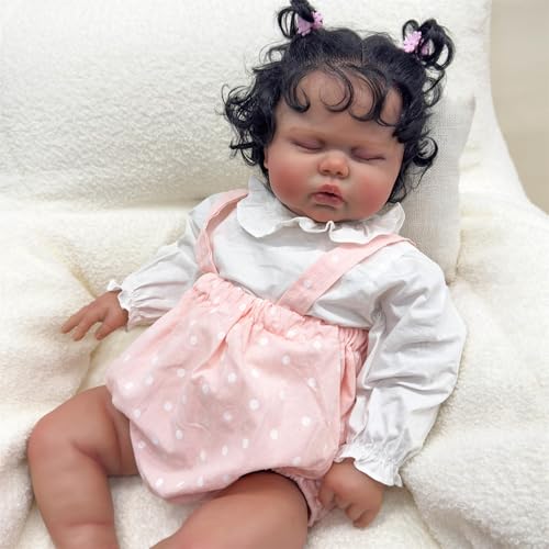 Zero pam 24 Zoll Babygröße Afroamerikaner Reborn Baby Mädchen Augen Zu Hand Verwurzeltes Lockiges Haar Neugeborenes Puppe 60 cm Schwarze Haut Weicher Beschwertem Stoffkörper Reborn Kuschelige Babys von Zero pam