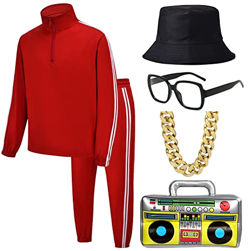 ZeroShop 80er Jahre Kostüme für Herren, 90er Jahre Trainingsanzug Kleidung Old School Sonnenbrille Rapper Hut Hip Hop Zubehör Kostüm Outfit für Halloween, Rot, XL von ZeroShop