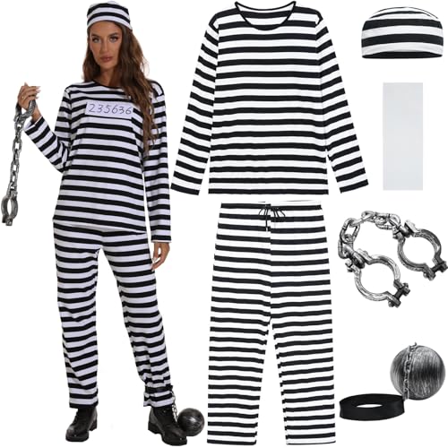 ZeroShop Gefangenen-Kostüm für Damen, Gefängniskostüm für Erwachsene, Overall, Sträfling, Jailbird, Outfit, Hemd, Hose, Größe XL von ZeroShop