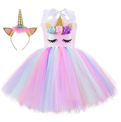 ZeroStage Einhorn Geburtstag Dekorationen für Mädchen Halloween Kostüm Party Outfit Fee Prinzessin Pailletten Tutu Kleid mit Stirnband Weihnachtsgeschenke Rosa 3-4 Jahre alt von ZeroStage