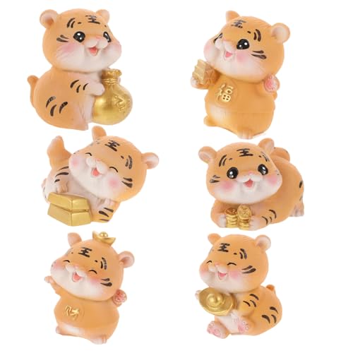 Zerodeko 6St glückliche Tigerverzierung Animal Figures wohnzimmerdeko inneneinrichtung bastelst wohnaccessoires Mini-Tiger-Figur Tiger-Kuchen-Ornamente Tierfiguren Tiger-Dekore Harz Golden von Zerodeko