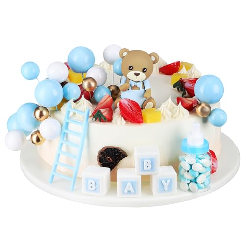 Zerodeko Bären-Kuchenaufsatz Blauer Bär Blaue Und Weiße Perlenkugel Kuchendekorationszubehör Geschlecht Offenbaren Kuchenaufsatz Für Kinder Jungen Mädchen Baby Taufe Geburtstagsfeier 1 Set von Zerodeko