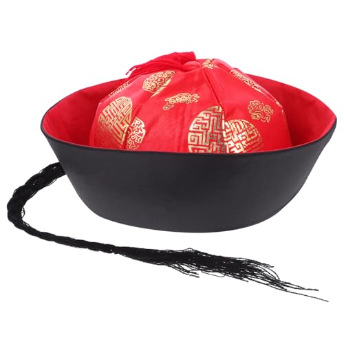 Zerodeko Chinesischer Kaiserhut Orientalischer Asiatischer Kaiserhut Mit Zöpfen Vintage-Hut-Kopfschmuck-Accessoire Für Halloween Karneval Rollenspiele Maskerade Mottoparty Anzieh Rot von Zerodeko