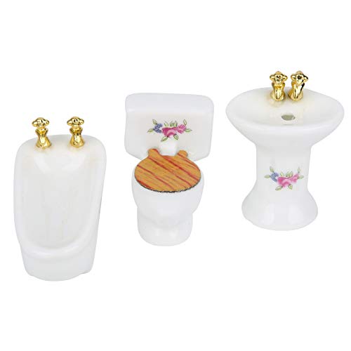 Dollhouse Badezimmer Set, 1/24 Scaled Ceramic Badezimmer Set mit Badewanne WC Waschbecken Badzubehör Set(Rose) von Zerodis