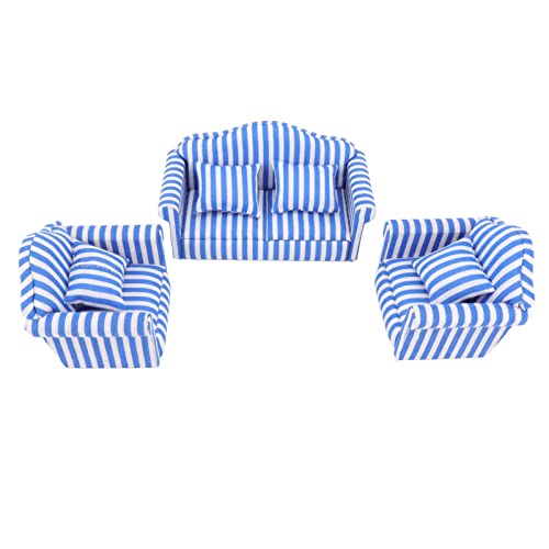 Miniatur-Sofa-Set, Kräftige Helle Farbstreifen, 1:12 Puppenhaus-Sofa, 3-teilig, mit Dekokissen Zur Dekoration (Blau) von Zerodis