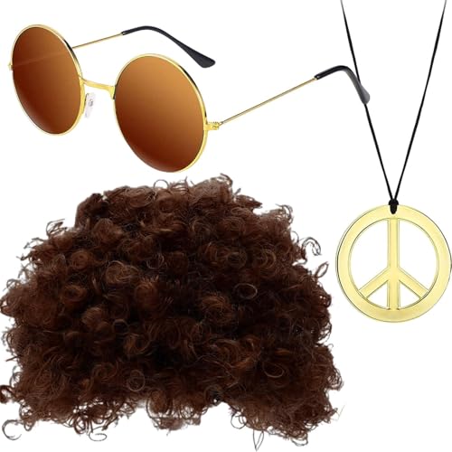 Zestivra Afro-Perücke-Sonnenbrille - Hippie-Haarschmuck Für Männer Afro Wig Sonnenbrillen Halskette Für 50/60/70er Mottoparty, Halloween Kostüme Für Herren von Zestivra