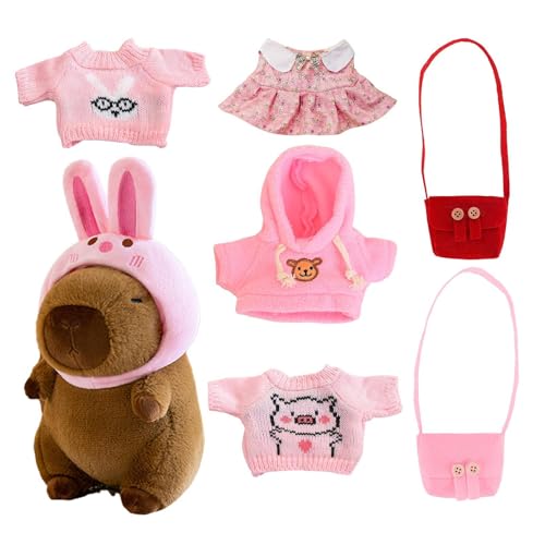 Zestivra Capybara Plüsch, Capybara Stofftier, 7X Spielzeug Süße Plüschtiere 9-Zoll-Dressup-Capybara-Plüschkissen, Inklusive 1 X Hasenmütze, 4 X Stoff, 2 X Taschen Für Erwachsene Und Kinder von Zestivra