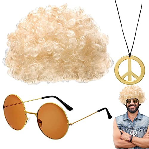 Zestivra Disco-Perücke Und Sonnenbrille | Hippie-Haarschmuck Für Männer Afro Wig Sonnenbrillen Halskette Für 50/60/70er Mottoparty, Halloween Kostüme Für Herren von Zestivra