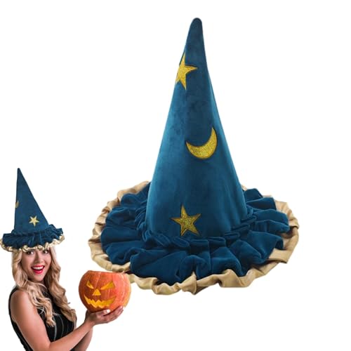 Halloween-Hexenhut – Halloween-blaue Hexenhüte, Damen-Strickmütze Mit Breiter Krempe | Halloween Sternenhimmel Zauberer Hut Festival Bühne Requisiten, Frauen Halloween Kostüm Zubehör Für Halloween Par von Zestvria