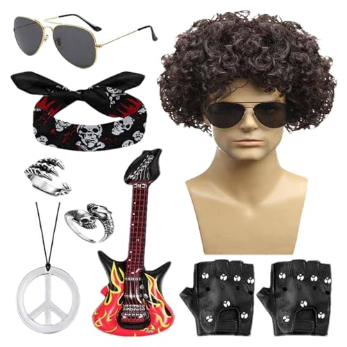 Zestvria 70er-Jahre-Herren-Outfit, 80er-Jahre-Rocker-Kostüm für Herren | 80er-Jahre-Motto-Rocker-Party-Outfits für Herren - 9-teiliges Punk-Kostüm im 80er-Jahre-Stil, lockige Rock-Perücke und mehr für von Zestvria