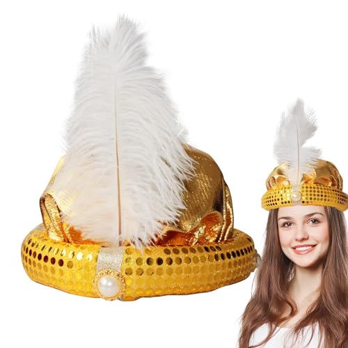 Zestvria Aladdin Sultan Hut – Prinzen-Turban Feder & Perlen | Eleganter Kostümhut Pailletten-Design | Perfekte Kopfbedeckung Für Karneval, Fasching, Mottopartys & Foto-Requisiten von Zestvria