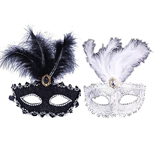 Zghhc 2 Stück Maskenballmaske, Halloween-Ballmaske, Weihnachtskostüm-Partymaske mit Feder für Damen und Herren, Karnevalsmasken von Zghhc