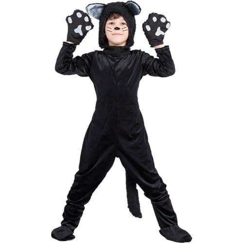 Zghhc Kinder Schwarze Katze Kostüm Kind Tier Overall Einteiler Halloween Cosplay Kostüm für Mädchen Jungen von Zghhc