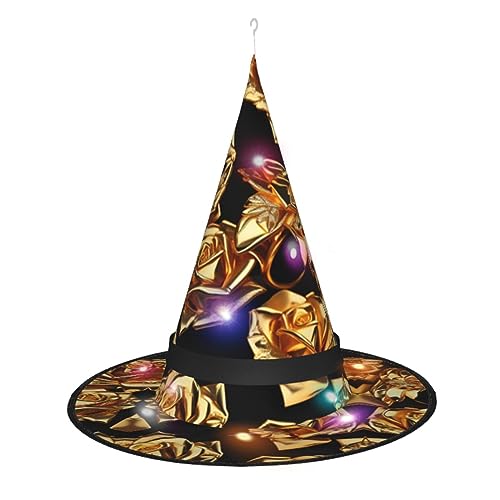 ZhanMg Spitzer Hexenhut mit goldenem Rosenmuster – Halloween-Kostüm-Zubehör, Party-Maskerade und Cosplay-Kleid für Damen von ZhanMg