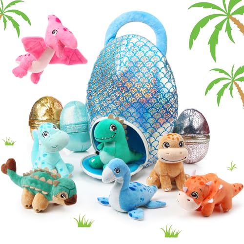 Zhanmai 11-teiliges Dinosaurier-Plüschtier und Eiertaschen-Set, niedliche Plüschtiere, Plüschtiere, weiche Dinosaurier-Tiere für Ostern, Geburtstag, Dinosaurier-Mottoparty (Pailletten) von Zhanmai