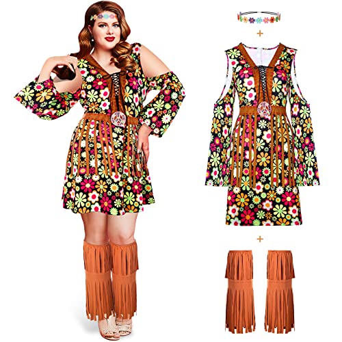 Zhanmai 3 Stück 70er Jahre Damenkostüm Hippie Kleid Outfits Übergröße Kostüme für Frauen Bohemian Stirnband Disco Knöchelsocken, Mehrfarbig, XXXXL von Zhanmai