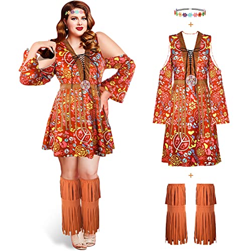 Zhanmai 70er Jahre Hippie-Kostüm für Damen, Disco-Kleid, Outfit, Blume, Stirnband, Knöchelsocken, Friedenszeichen für Damen, Kostüm, Cosplay, Party, Mehrfarbig, 3XL von Zhanmai