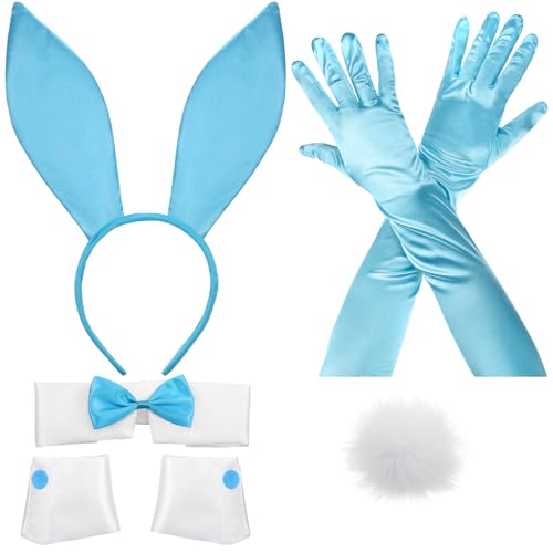 Zhanmai Bunny Kostüm Set mit Hasenohren Stirnband, Manschetten und Bunny Tail Zubehör für Osterparty (Blau) von Zhanmai