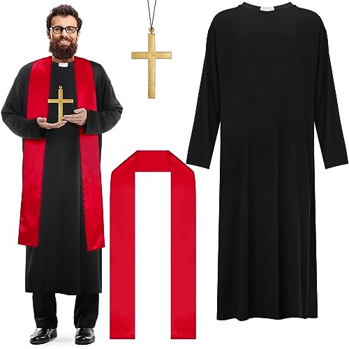 Zhanmai Priester-Kostüm für Herren, Priester-Kostüm für Erwachsene, mit Vater, Robe, Stola, Kunststoff, Mönchskreuz für Cosplay, Bühne, Halloween (rot, Einheitsgröße) von Zhanmai