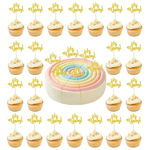 36 Stück Oh Baby Shower Cake Toppers, Oh Baby Cupcake Toppers, Gold Muffin Topper Geburtstag, Glitzer Cupcake Deko für Hochzeit Geburtstag Party Kuchen Dekorationen Jubiläen Party Dekoration von Zhlearda