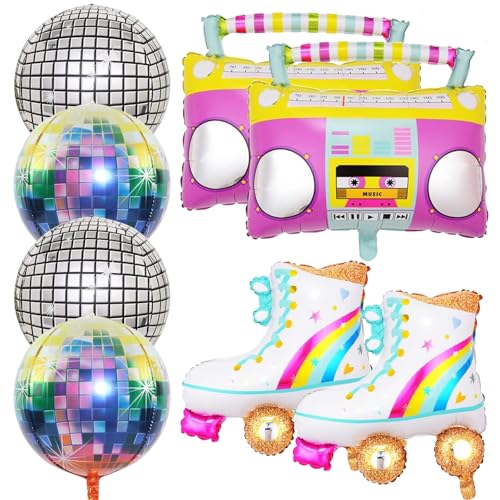 8 Stück Folienballon Disco, Regenbogen Roller Skate Disco Ballons, Folienballon Radio, 22 Zoll 4D Discokugel Deko, 80er 90er Jahre Retro Party Deko für Disco Hip Hop Mottoparty Geburtstags Karneval von Zhlearda